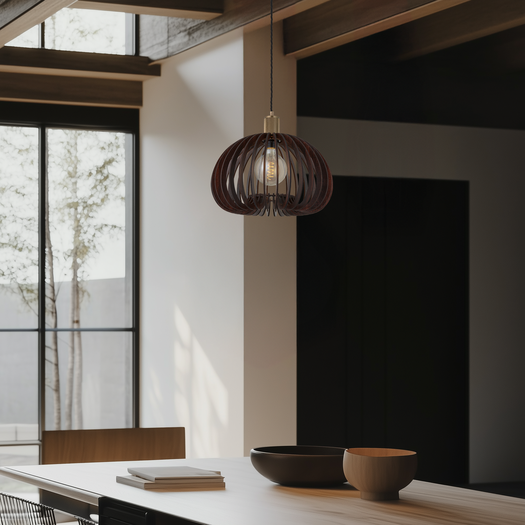 Rift Slatted Wooden Mushroom Wooden Pendant Light - Dark
